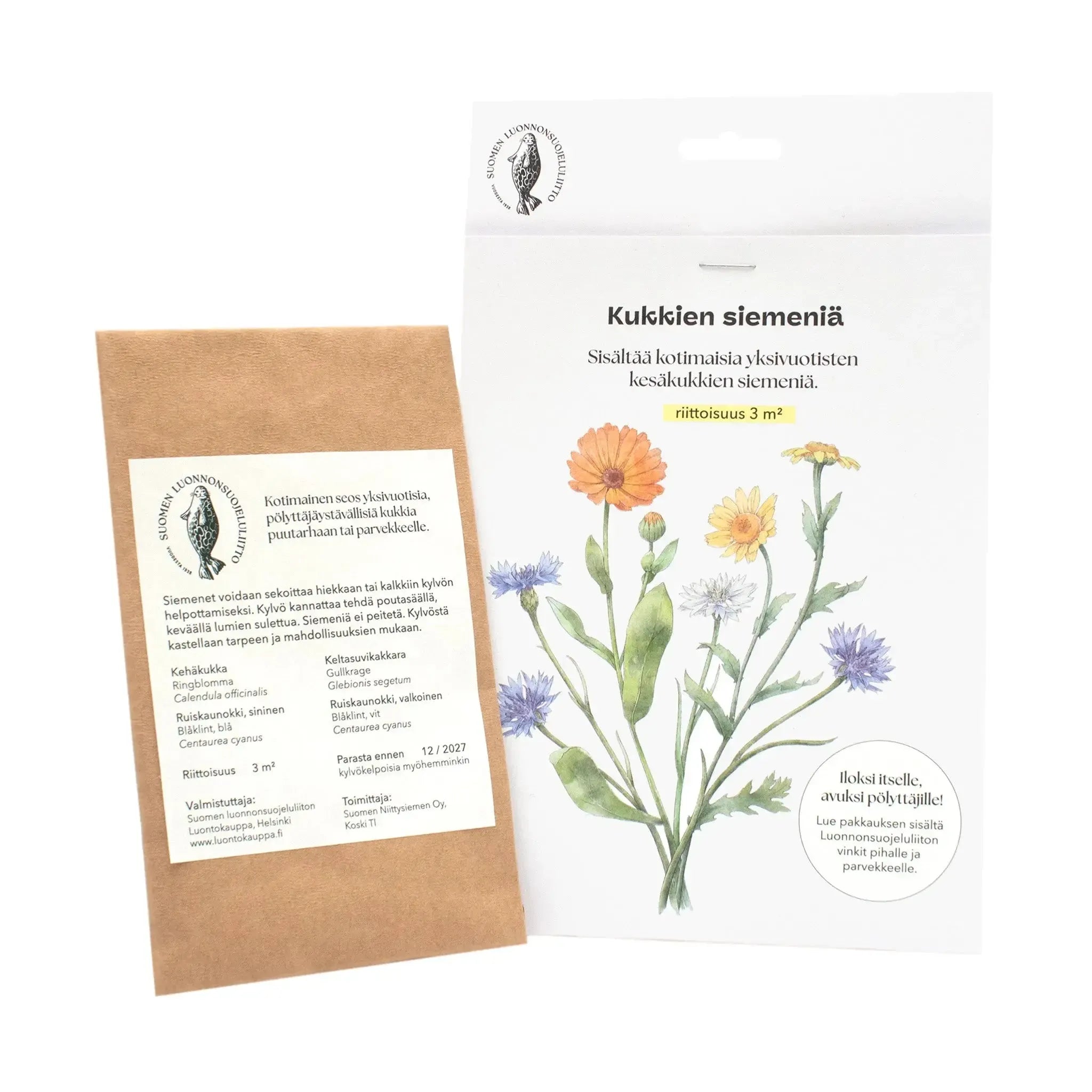Lahjapaketti: Kalastajahattu ja kukkien siemenet-Lahjasetti-Suomen luonnonsuojeluliiton Luontokauppa