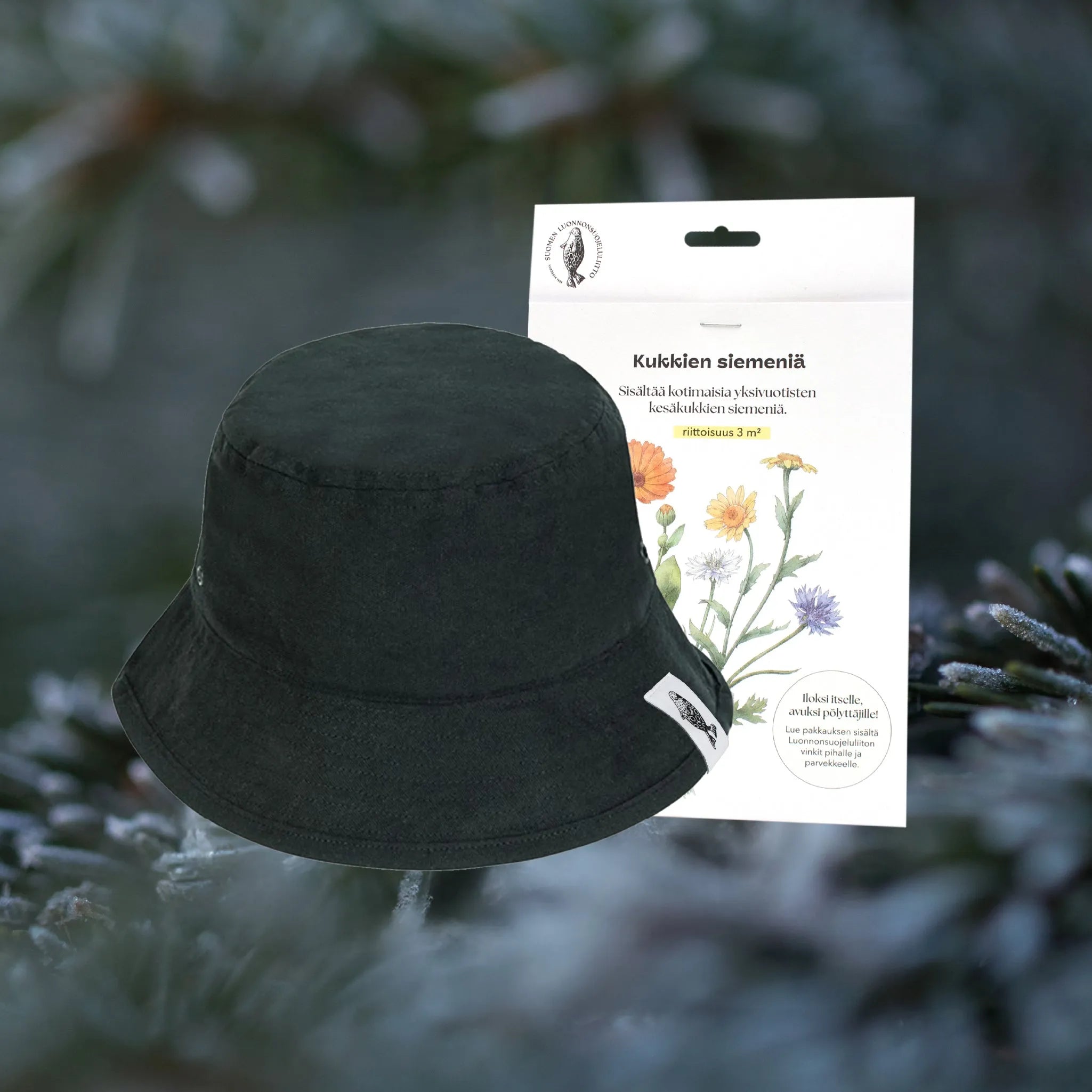 Lahjapaketti: Kalastajahattu ja kukkien siemenet