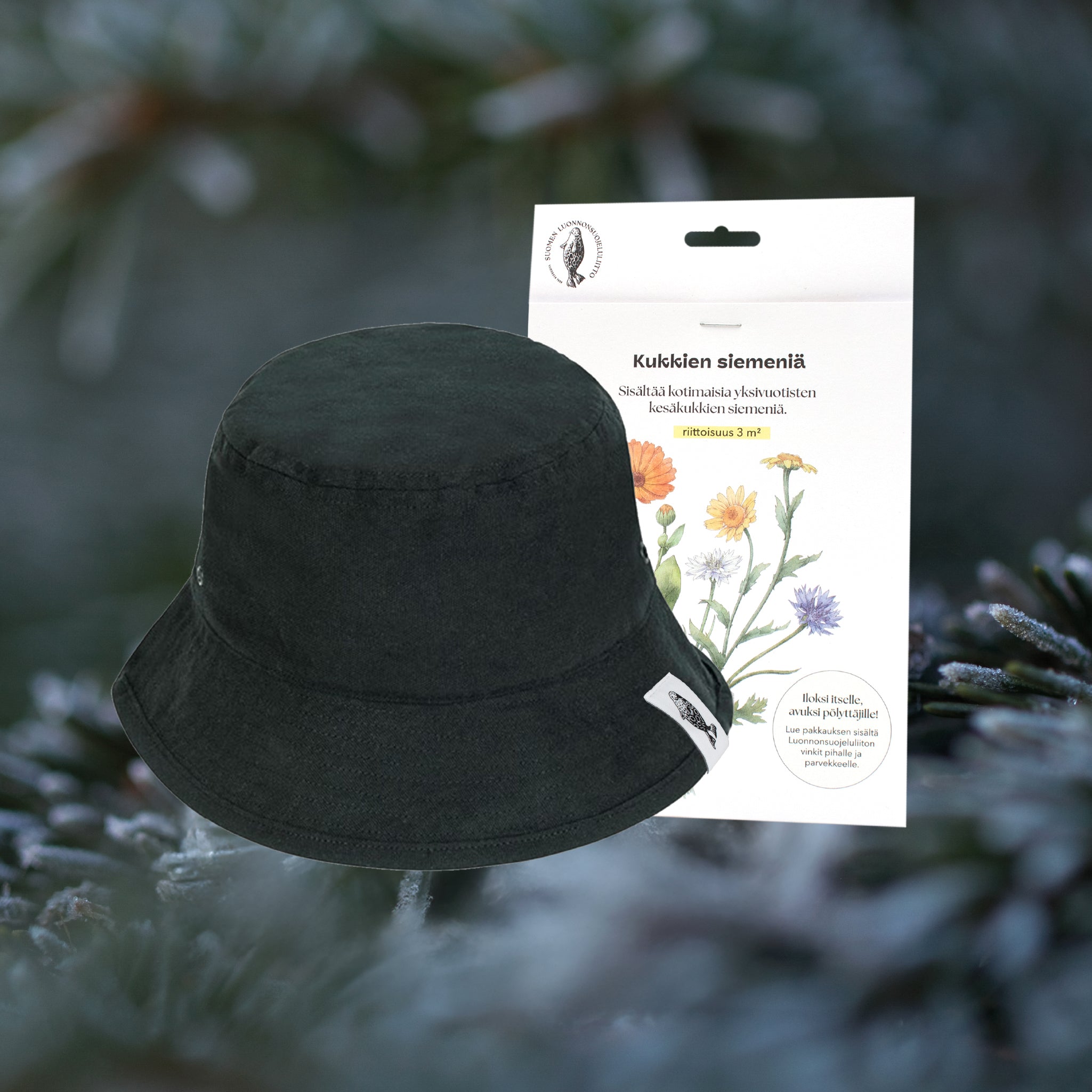 Lahjapaketti: Kalastajahattu ja kukkien siemenet