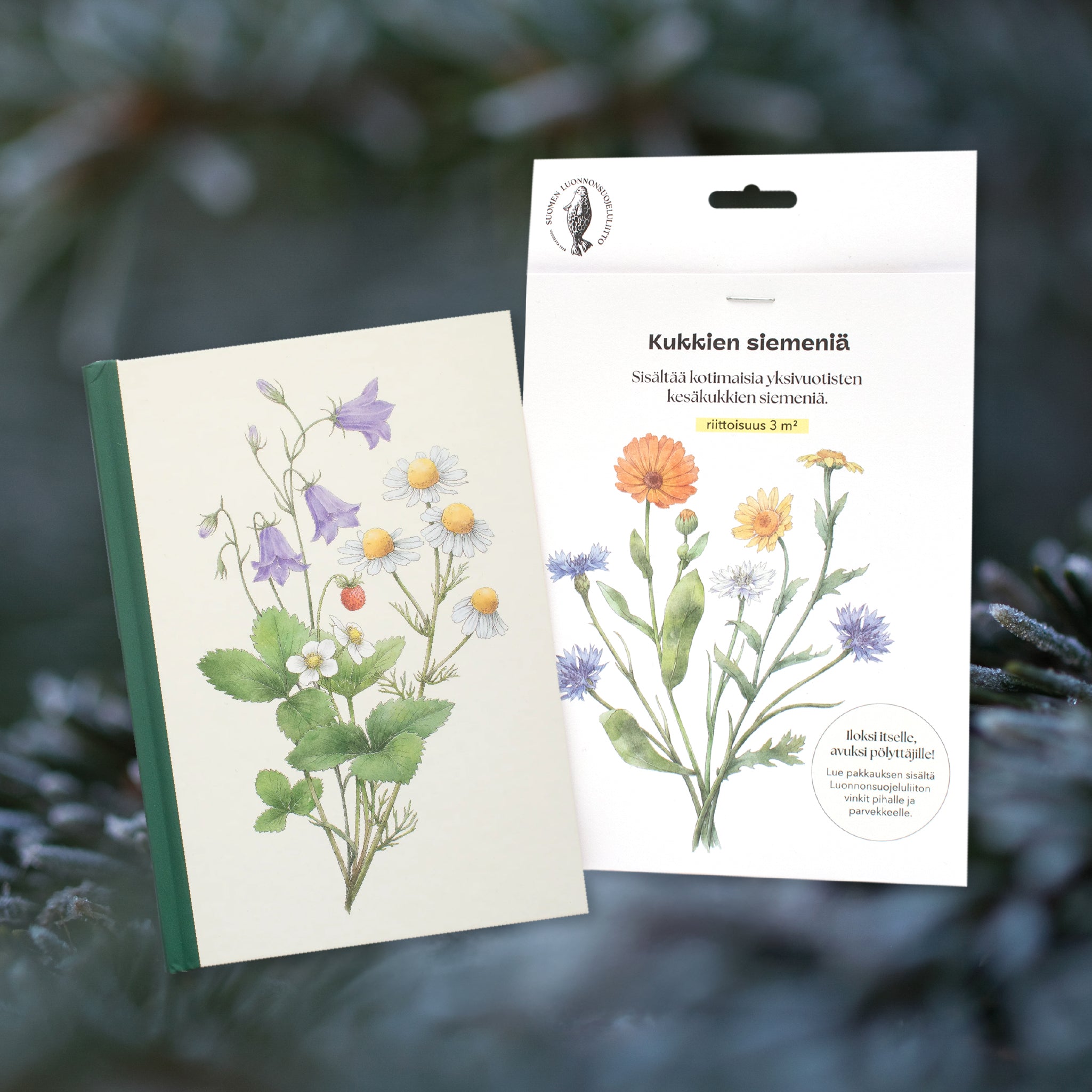 Lahjapaketti: Muistikirja ja kukkien siemenet