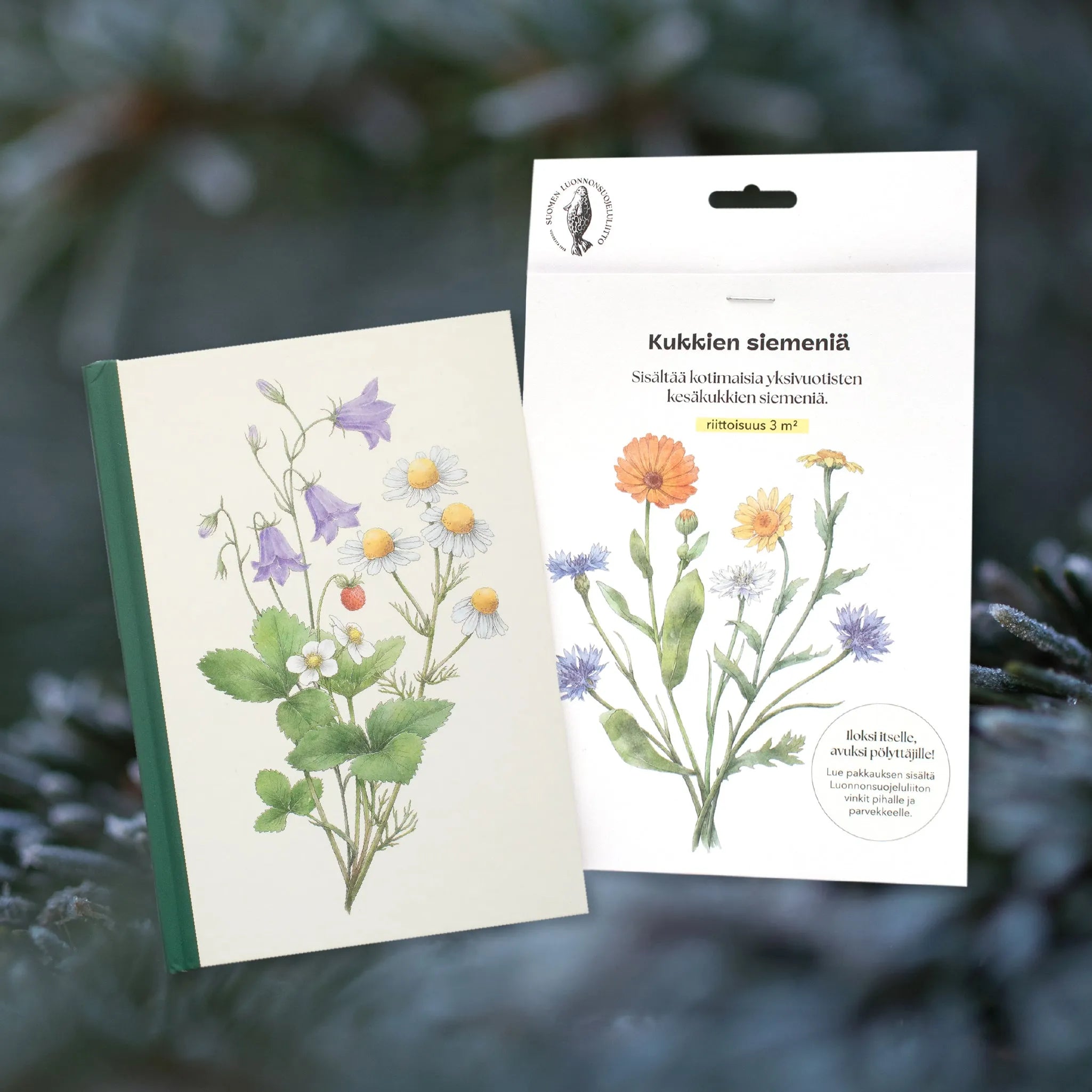 Lahjapaketti: Muistikirja ja kukkien siemenet